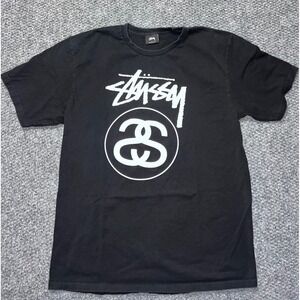 Stussy Men's Black Logo Graphic Cotton Knit Short Sleeve T-Shirt Crew Neck L